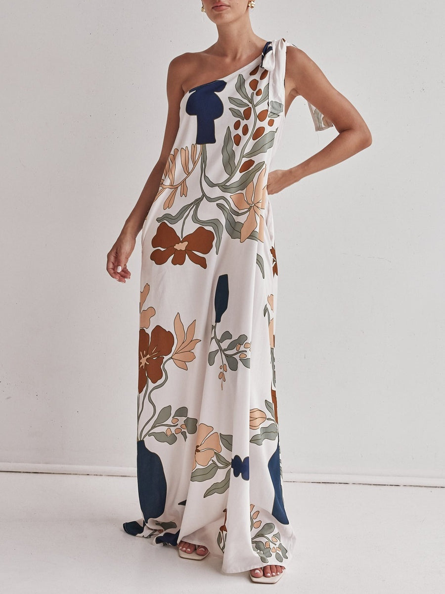 Printed One-Shoulder Maxi Dress