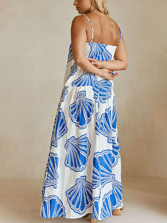 Vakantie Casual Oceaan Schelp Print Sling Maxi Jurk