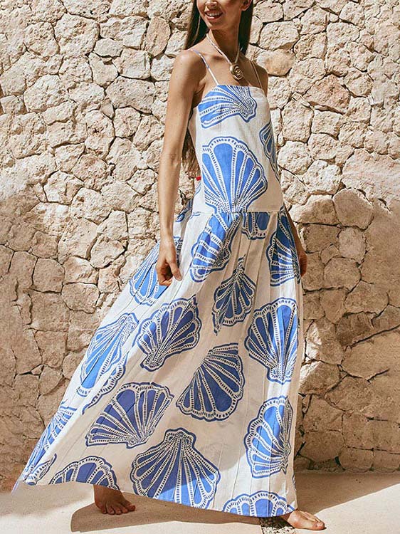 Vakantie Casual Oceaan Schelp Print Sling Maxi Jurk