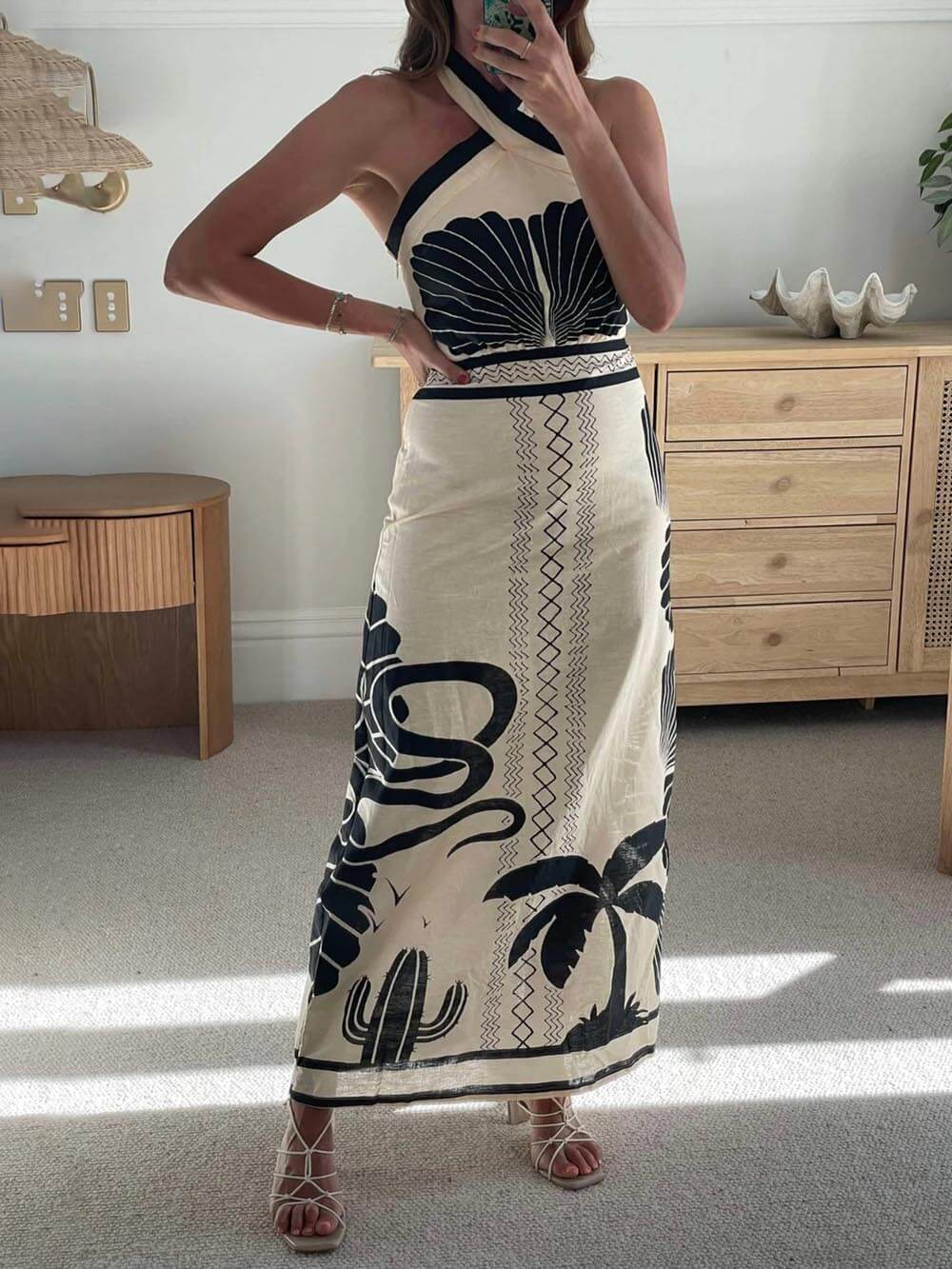 Elegant And Ethnic Print Slim-Fit Halter Neck Maxi Dress