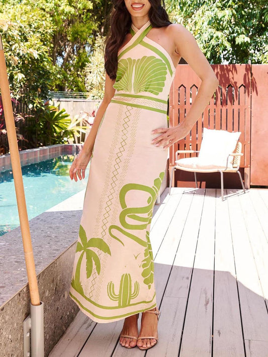 Elegant And Ethnic Print Slim-Fit Halter Neck Maxi Dress