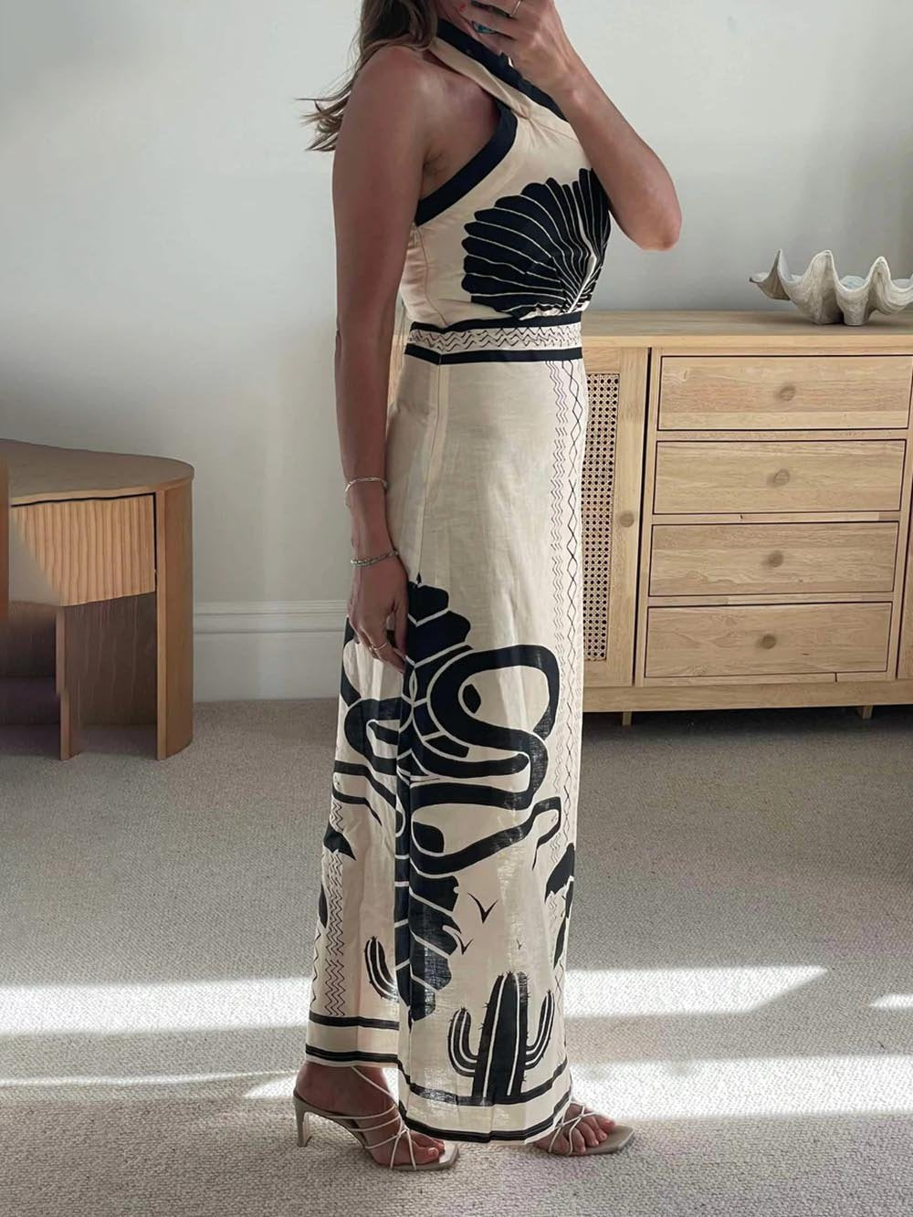 Elegant And Ethnic Print Slim-Fit Halter Neck Maxi Dress